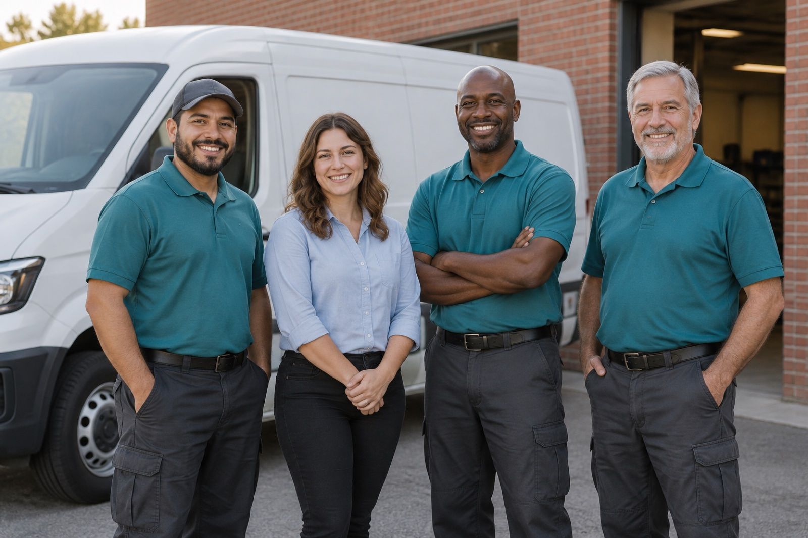 Four team members, three technicians in teal shirts and an office coordinator, smiling in front of a service van and brick shop.
